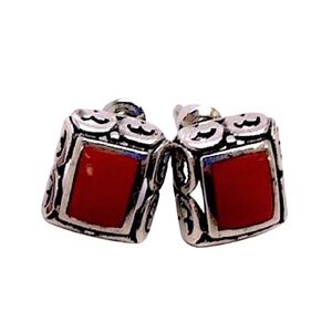 VINTAGE Red Orange Jasper Sterling Silver Filigree Earrings